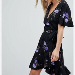 NOBODY’S CHILD Black Floral Short Sleeve Viscose Wrap Dress Size 12